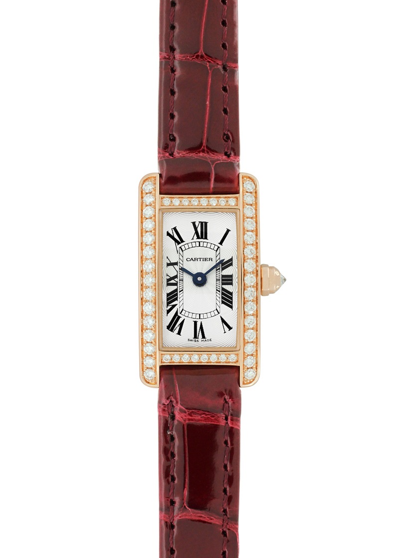 カルティエ - レディース タンクアメリカン ミニ ダイヤモンドベゼル | CARTIER | WB710014 | PG シルバー文字盤 クォーツ レザー |