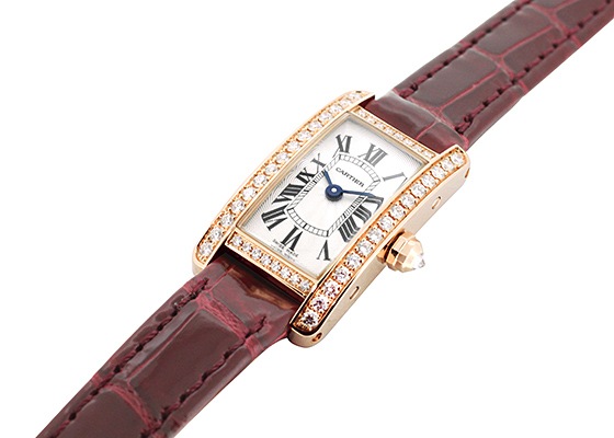 カルティエ - レディース タンクアメリカン ミニ ダイヤモンドベゼル | CARTIER | WB710014 | PG シルバー文字盤 クォーツ レザー |