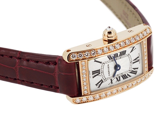 カルティエ - レディース タンクアメリカン ミニ ダイヤモンドベゼル | CARTIER | WB710014 | PG シルバー文字盤 クォーツ レザー |
