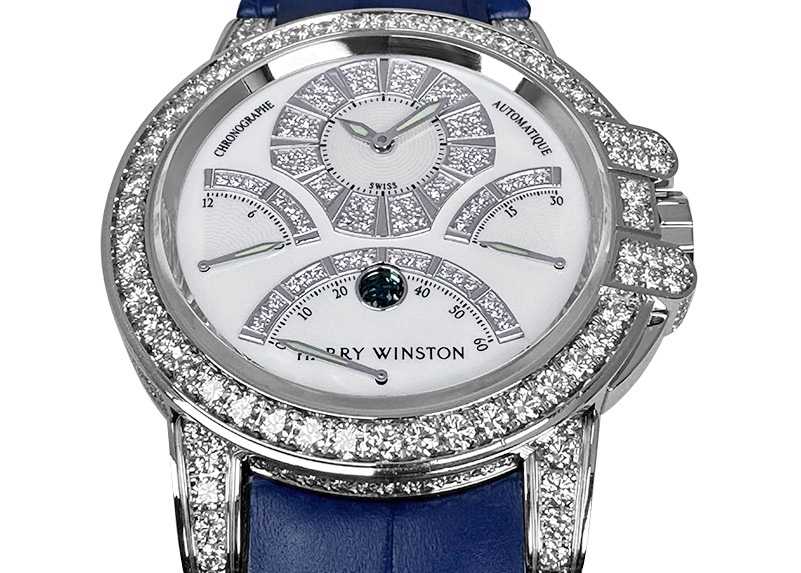 ハリーウィンストン - オーシャン トリレトロ クロノグラフ ダイヤモンドケース | HARRY WINSTON | OCEACT44WW002(400/MCRA44WL.MD/D3.1) | WG シェル/ダイヤ文字盤 自動巻き レザー | 中古