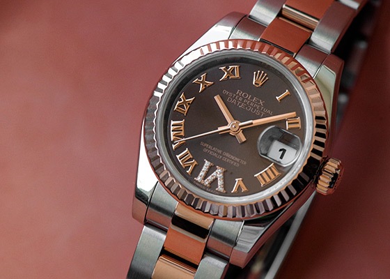 ロレックス - レディース オイスター パーペチュアル デイトジャスト 6時ダイヤモンド | ROLEX | 28179171 | PG&SS ブラウン文字盤 自動巻き ブレスレット | 中古 |