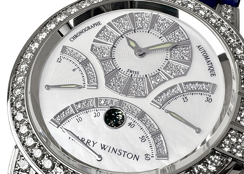 ハリーウィンストン - オーシャン トリレトロ クロノグラフ ダイヤモンドケース | HARRY WINSTON | OCEACT44WW002(400/MCRA44WL.MD/D3.1) | WG シェル/ダイヤ文字盤 自動巻き レザー | 中古