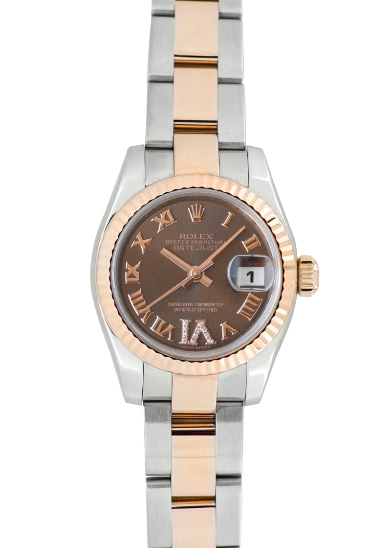 ロレックス - レディース オイスター パーペチュアル デイトジャスト 6時ダイヤモンド | ROLEX | 28179171 | PG&SS ブラウン文字盤 自動巻き ブレスレット | 中古 |