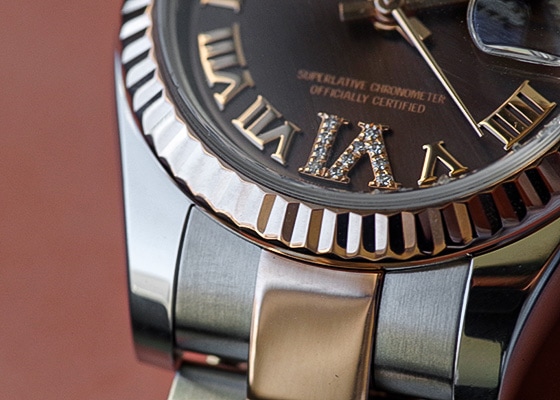 ロレックス - レディース オイスター パーペチュアル デイトジャスト 6時ダイヤモンド | ROLEX | 28179171 | PG&SS ブラウン文字盤 自動巻き ブレスレット | 中古 |