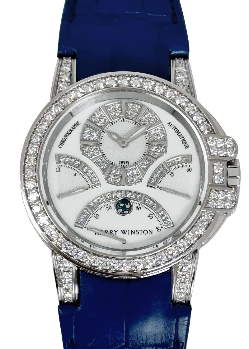 ハリーウィンストン - オーシャン トリレトロ クロノグラフ ダイヤモンドケース | HARRY WINSTON | OCEACT44WW002(400/MCRA44WL.MD/D3.1) | WG シェル/ダイヤ文字盤 自動巻き レザー | 中古
