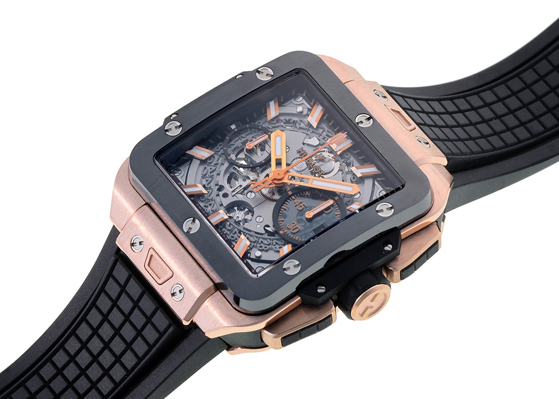 ウブロ - スクエアバン ウニコ セラミックベゼル | HUBLOT | 821.OM.0180.RX | KG スケルトン文字盤 自動巻き ラバー | 中古