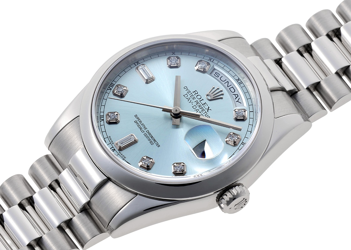 ロレックス - オイスター パーペチュアル デイデイト | ROLEX | 118206A | PT アイスブルー文字盤 自動巻き ブレスレット | 中古