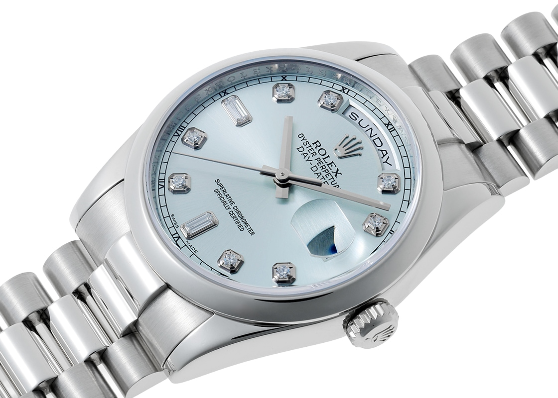 ロレックス - オイスター パーペチュアル デイデイト | ROLEX | 118206A | PT アイスブルー文字盤 自動巻き ブレスレット | 中古